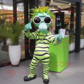 Lime Green Zebra mascot costume character dressed with a Playsuit and Sunglasses