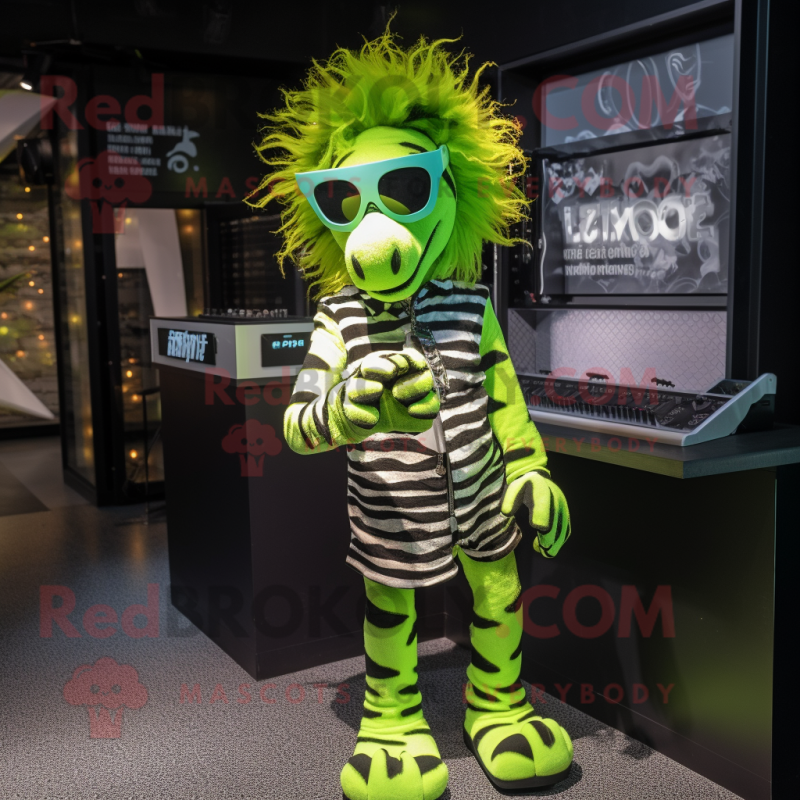 Lime Green Zebra mascot costume character dressed with a Playsuit and Sunglasses Lime Green Zebra mascot costume character dressed with a Playsuit and Sunglasses