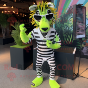 Lime Green Zebra mascot costume character dressed with a Playsuit and Sunglasses