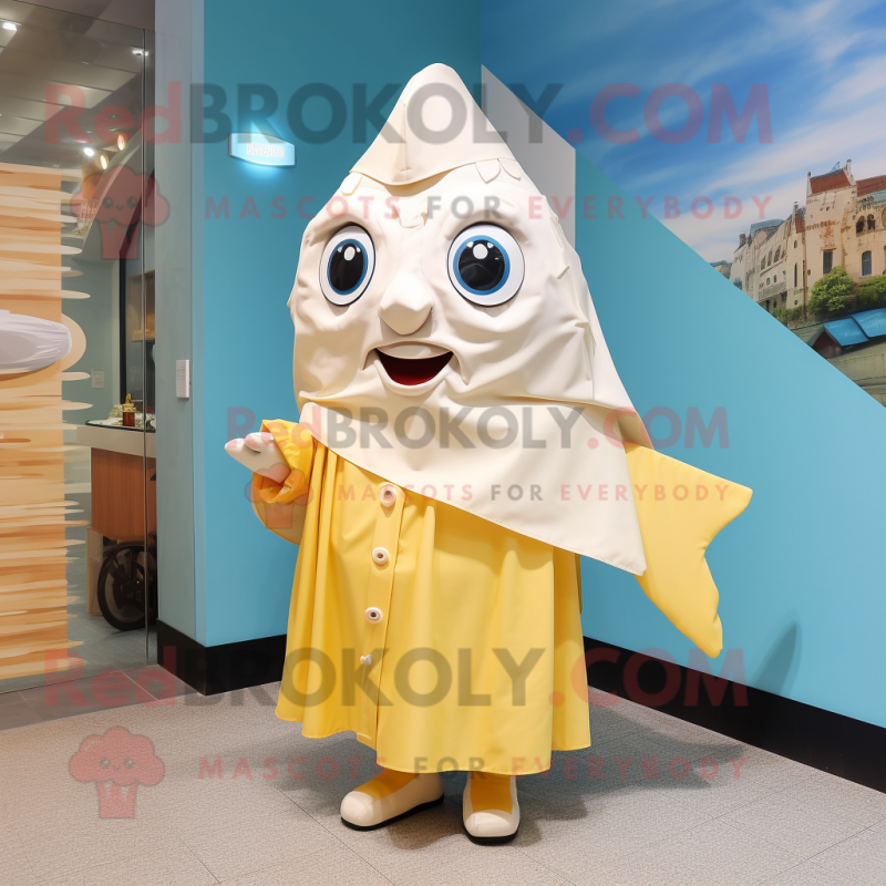 Cream Fish And Chips mascot costume character dressed with a Raincoat and Shawls Cream Fish And Chips mascot costume character dressed with a Raincoat and Shawls