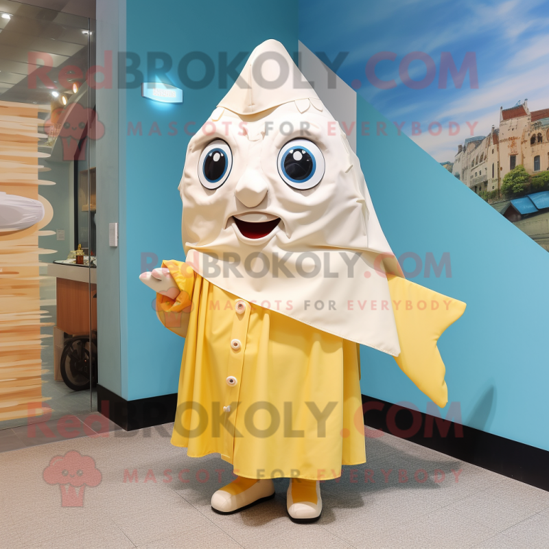 Cream Fish And Chips mascot costume character dressed with a Raincoat and Shawls