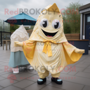 Cream Fish And Chips mascot costume character dressed with a Raincoat and Shawls