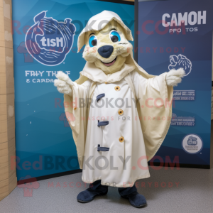 Cream Fish And Chips mascot costume character dressed with a Raincoat and Shawls