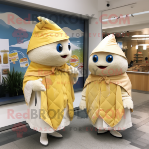 Cream Fish And Chips mascot costume character dressed with a Raincoat and Shawls