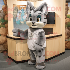 Gray Bobcat mascot costume character dressed with a Overalls and Shawls