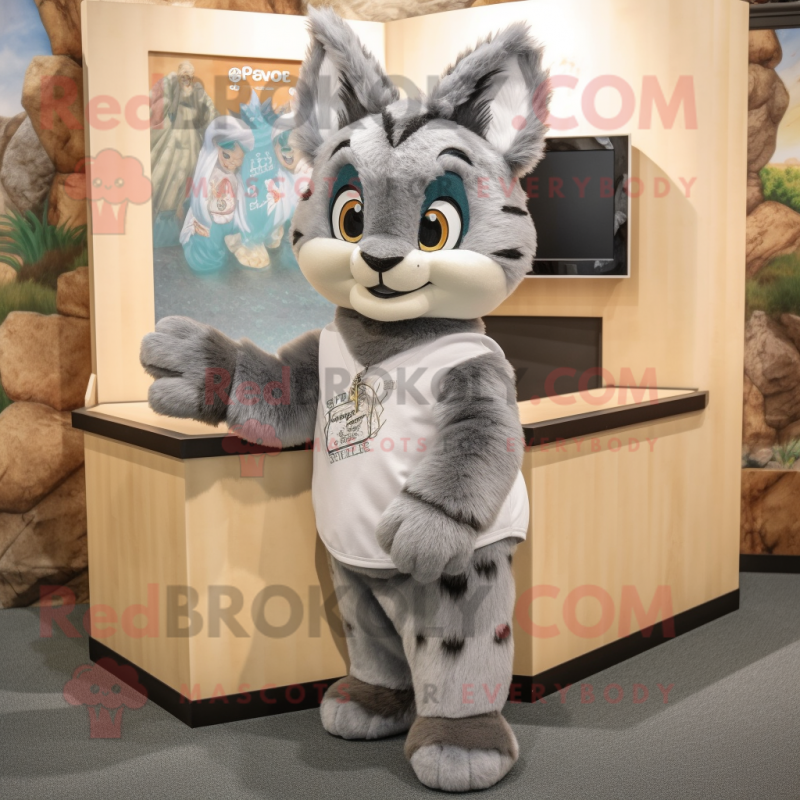 Gray Bobcat mascot costume character dressed with a Overalls and Shawls Gray Bobcat mascot costume character dressed with a Overalls and Shawls