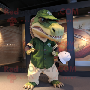 Olive Parasaurolophus mascot costume character dressed with a Baseball Tee and Clutch bags