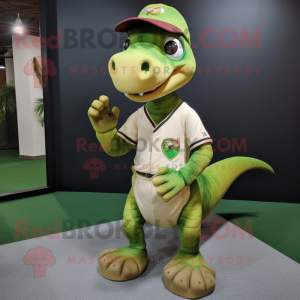 Olive Parasaurolophus mascot costume character dressed with a Baseball Tee and Clutch bags