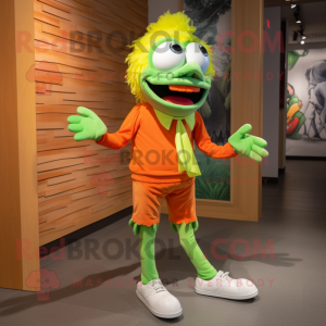 Lime Green Clown Fish mascot costume character dressed with a Skinny Jeans and Shoe laces