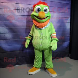 Lime Green Clown Fish mascot costume character dressed with a Skinny Jeans and Shoe laces