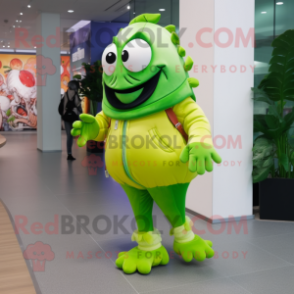 Lime Green Clown Fish mascot costume character dressed with a Skinny Jeans and Shoe laces