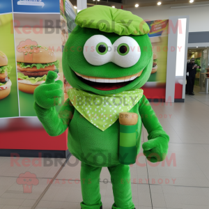 Green Burgers mascot costume character dressed with a Chinos and Gloves