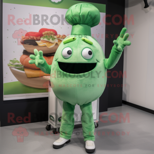 Green Burgers mascot costume character dressed with a Chinos and Gloves