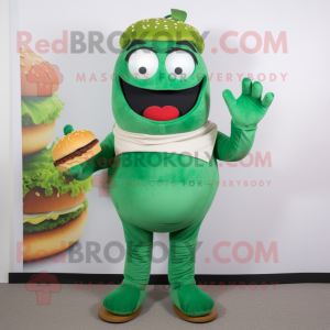 Green Burgers mascot costume character dressed with a Chinos and Gloves