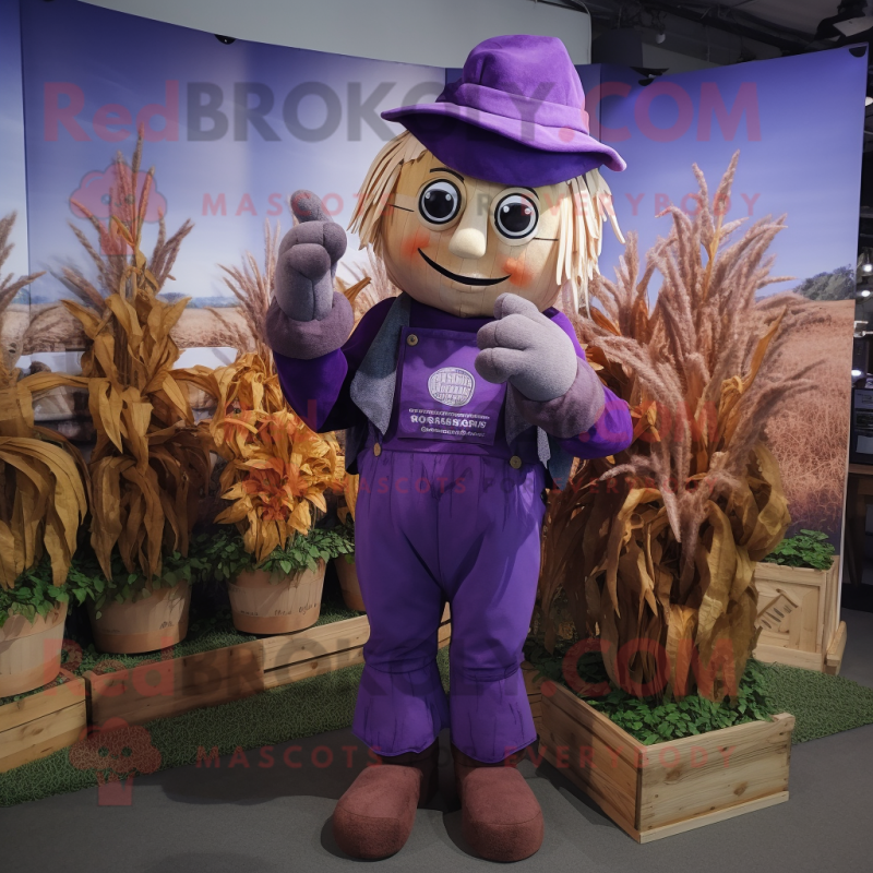 Purple Scarecrow mascot costume character dressed with a Overalls and Wraps Purple Scarecrow mascot costume character dressed with a Overalls and Wraps
