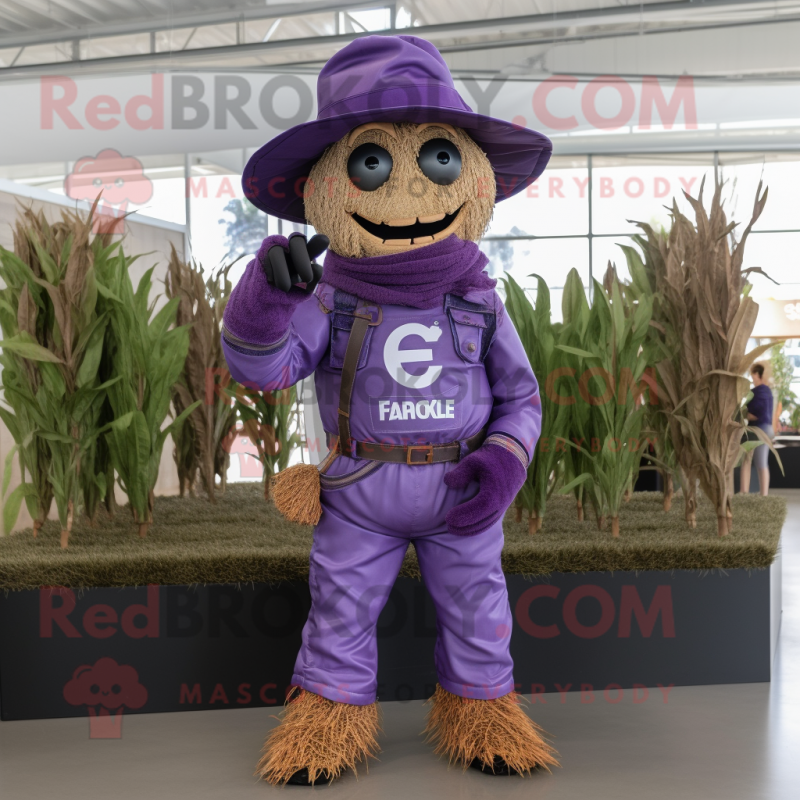 Purple Scarecrow mascot costume character dressed with a Overalls and Wraps Purple Scarecrow mascot costume character dressed with a Overalls and Wraps
