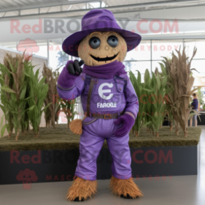 Purple Scarecrow mascot costume character dressed with a Overalls and Wraps