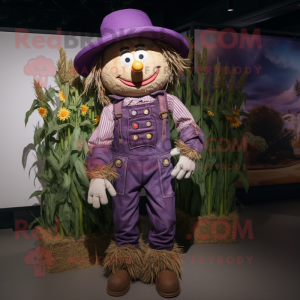 Purple Scarecrow mascot costume character dressed with a Overalls and Wraps