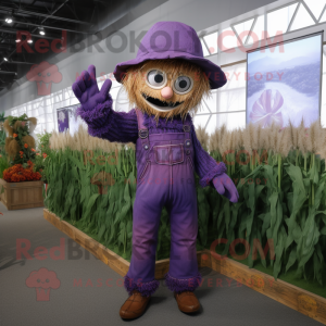 Purple Scarecrow mascot costume character dressed with a Overalls and Wraps