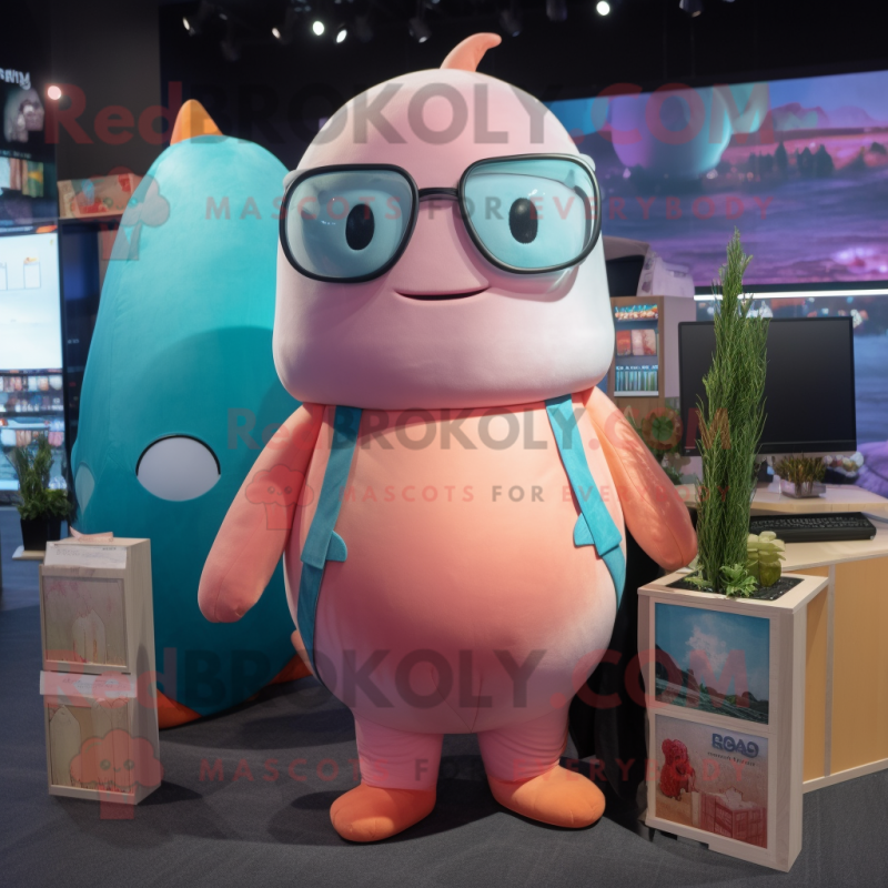 Peach Narwhal mascot costume character dressed with a Vest and Eyeglasses