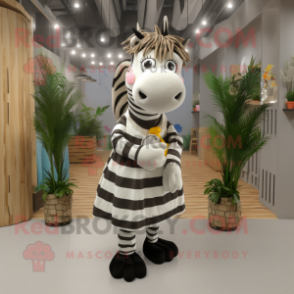 Cream Zebra mascot costume character dressed with a Maxi Skirt and Suspenders