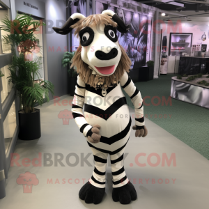 Cream Zebra mascot costume character dressed with a Maxi Skirt and Suspenders