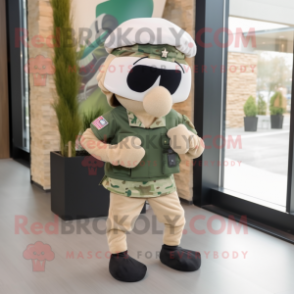 Beige Green Beret mascot costume character dressed with a Leggings and Headbands