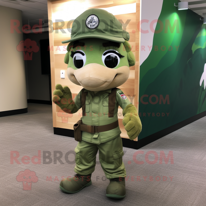 Beige Green Beret mascot costume character dressed with a Leggings and Headbands