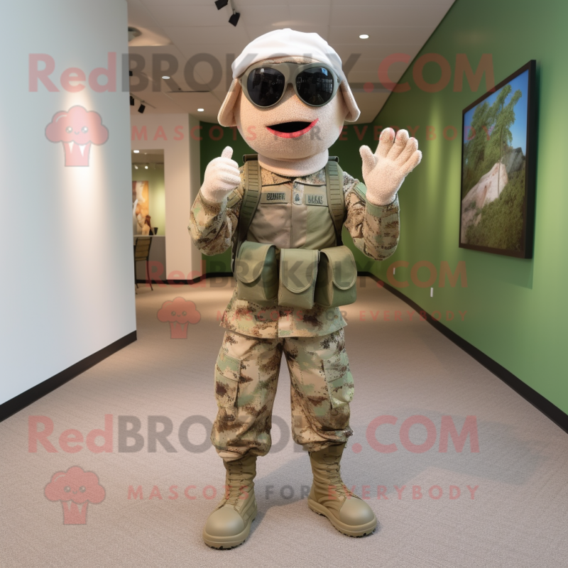 Beige Green Beret mascot costume character dressed with a Leggings and Headbands