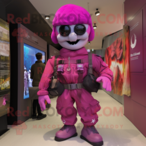 Magenta Air Force Soldier mascot costume character dressed with a Vest and Clutch bags