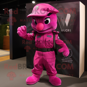 Magenta Air Force Soldier mascot costume character dressed with a Vest and Clutch bags