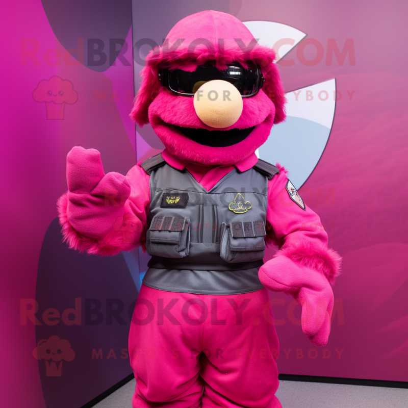 Magenta Air Force Soldier mascot costume character dressed with a Vest and Clutch bags