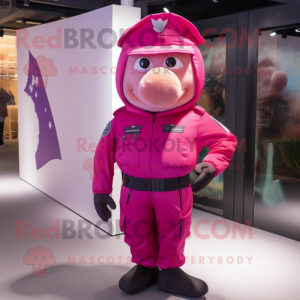 Magenta Air Force Soldier mascot costume character dressed with a Vest and Clutch bags
