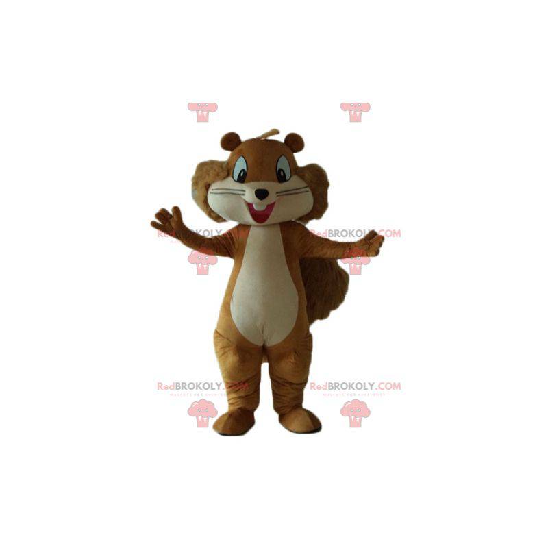 Esquilo marrom e bege, mascote sorridente e peludo -
