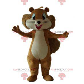 Mascotte scoiattolo marrone e beige sorridente e peloso -