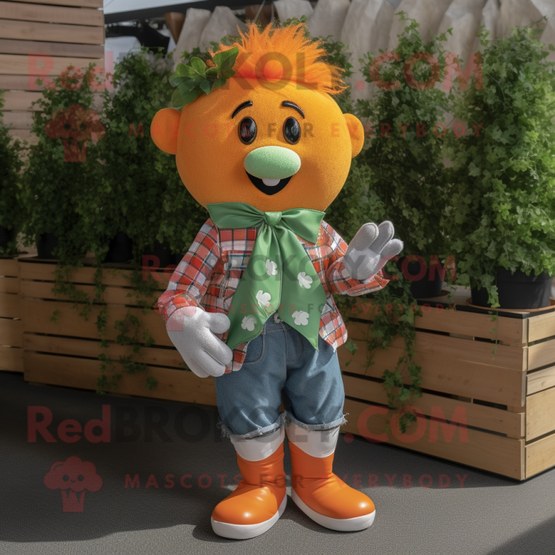 Orange Bunch Of Shamrocks mascot costume character dressed with a Chambray Shirt and Scarf clips Orange Bunch Of Shamrocks mascot costume character dressed with a Chambray Shirt and Scarf clips