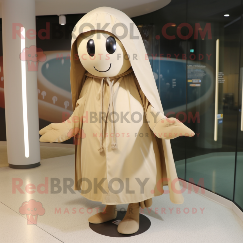 Beige Aglet mascot costume character dressed with a Raincoat and Shawl pins Beige Aglet mascot costume character dressed with a Raincoat and Shawl pins