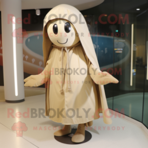 Beige Aglet mascot costume character dressed with a Raincoat and Shawl pins