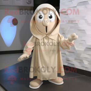Beige Aglet mascot costume character dressed with a Raincoat and Shawl pins