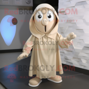 Beige Aglet mascot costume character dressed with a Raincoat and Shawl pins