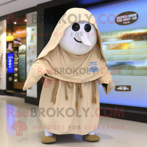 Beige Aglet mascot costume character dressed with a Raincoat and Shawl pins