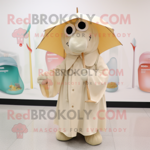 Beige Aglet mascot costume character dressed with a Raincoat and Shawl pins