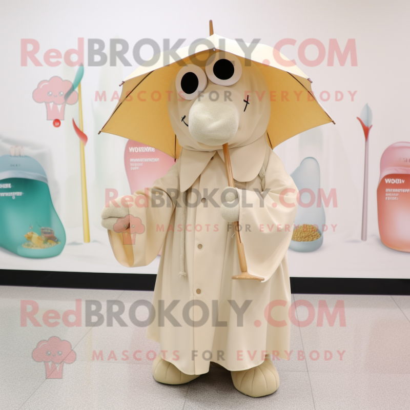 Beige Aglet mascot costume character dressed with a Raincoat and Shawl pins Beige Aglet mascot costume character dressed with a Raincoat and Shawl pins