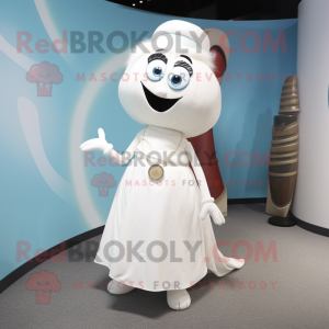 White Momentum mascot costume character dressed with a Wrap Dress and Tie pins