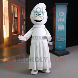 White Momentum mascot costume character dressed with a Wrap Dress and Tie pins