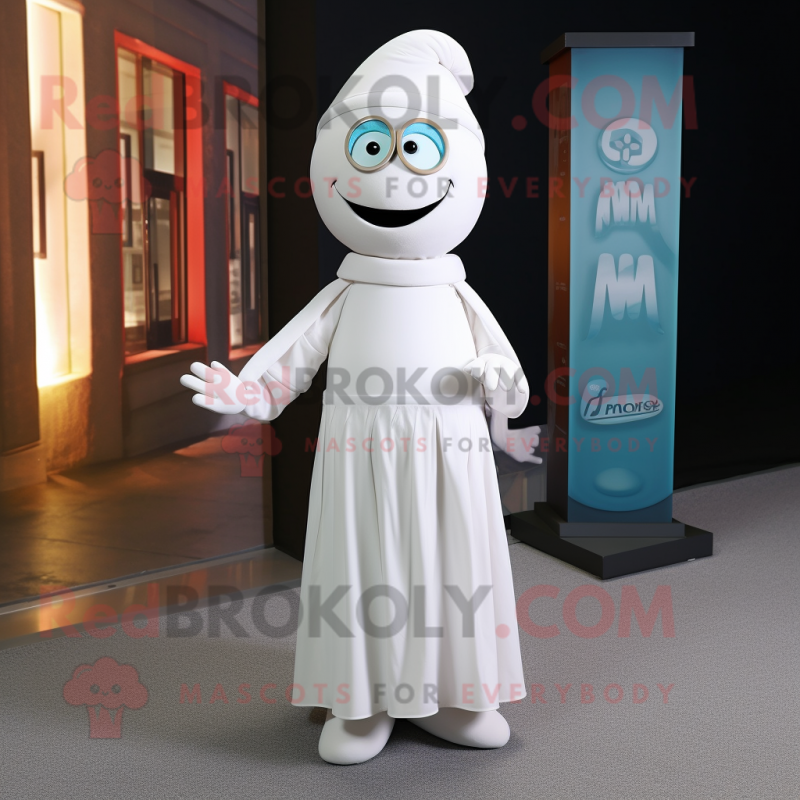 White Momentum mascot costume character dressed with a Wrap Dress and Tie pins White Momentum mascot costume character dressed with a Wrap Dress and Tie pins