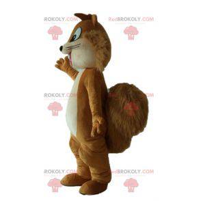 Mascotte scoiattolo marrone e beige sorridente e peloso -