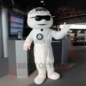 White Momentum mascot costume character dressed with a Wrap Dress and Tie pins