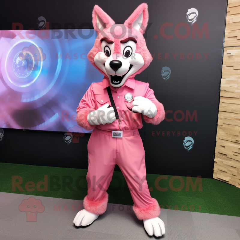 Pink Wolf mascot costume character dressed with a Poplin Shirt and Digital watches