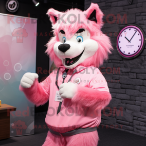 Pink Wolf mascot costume character dressed with a Poplin Shirt and Digital watches